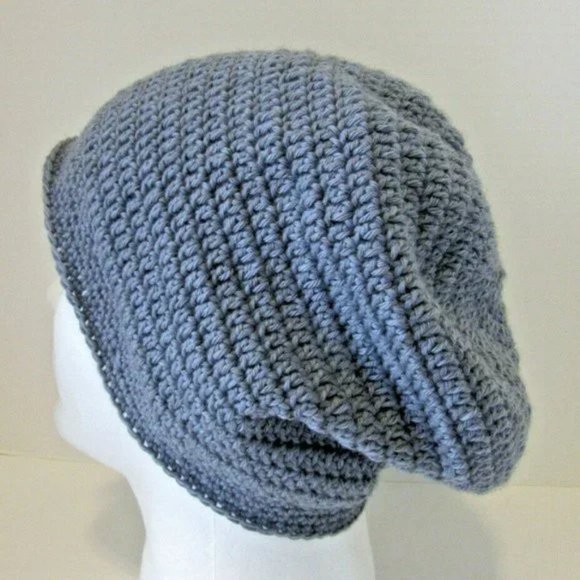 YAK Wool Medium Gray Baggie Beanie, Roll Up Hat Cap Handmade Crochet Knit Size M - Picture 1 of 8